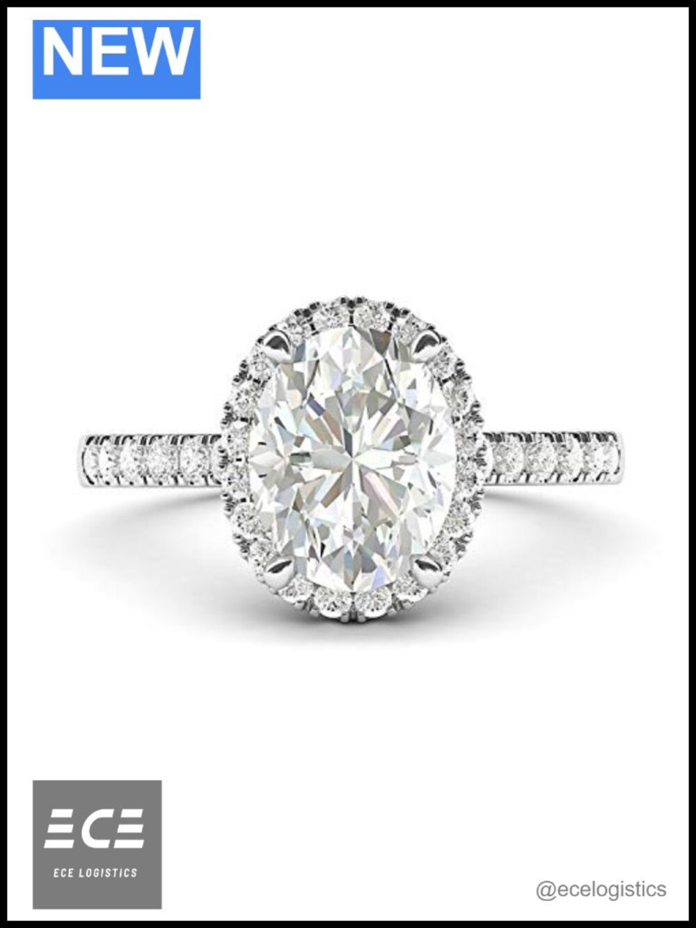14k White Gold Oval Halo Engagement Ring Simulated Diamond Side Stones